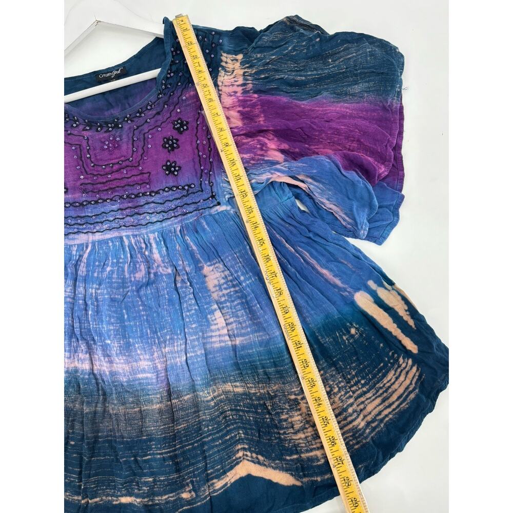 Greater Good Blouse Womens Large/XL Blue Purple Bohemian Beaded Sequins Tie Dye - Picture 15 of 16